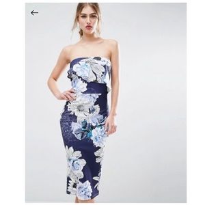 ASOS floral asymmetric ruffle bandeau midi dress